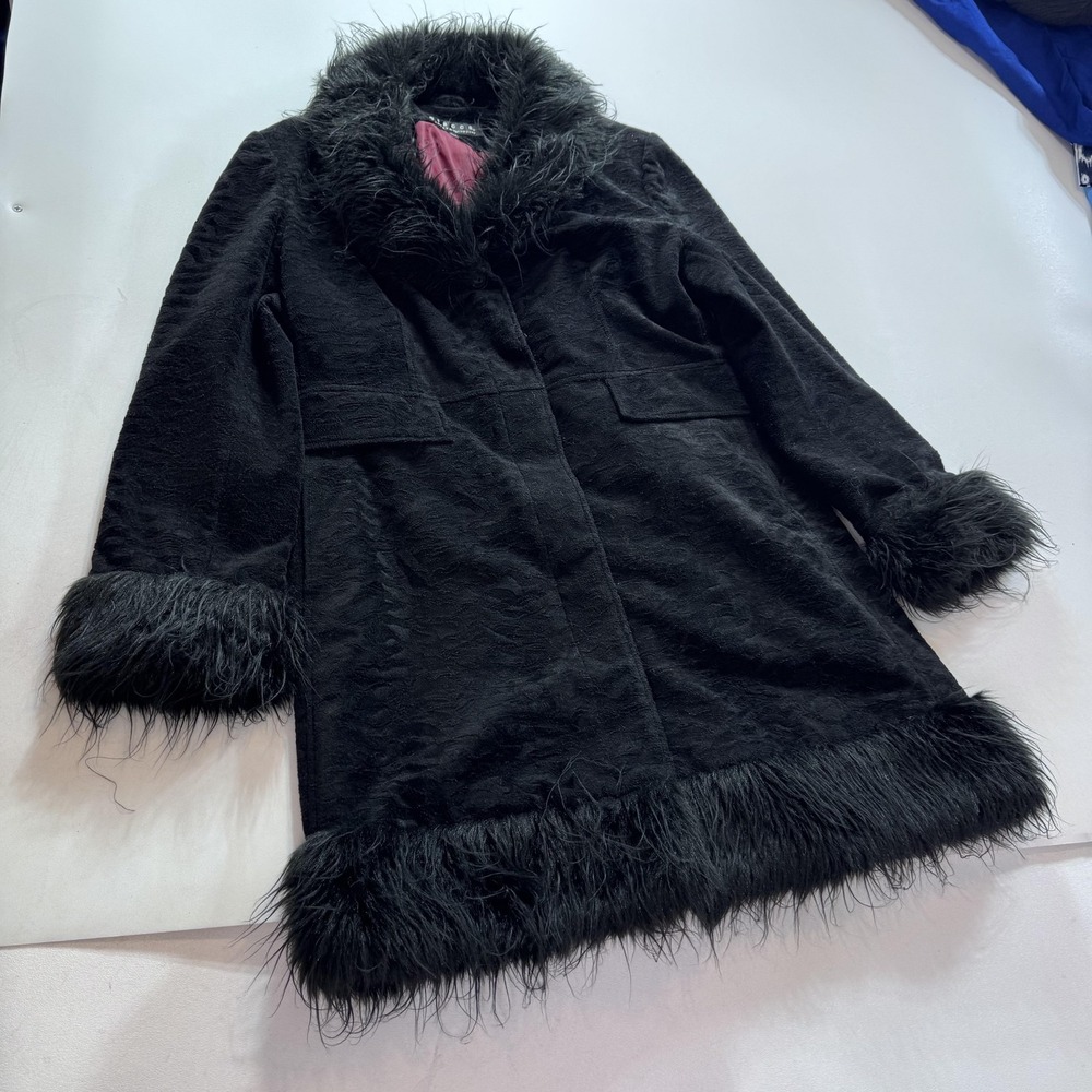 Giacca Coat Womens Large Black Faux Fur Trim Lined Mid Length Button Front